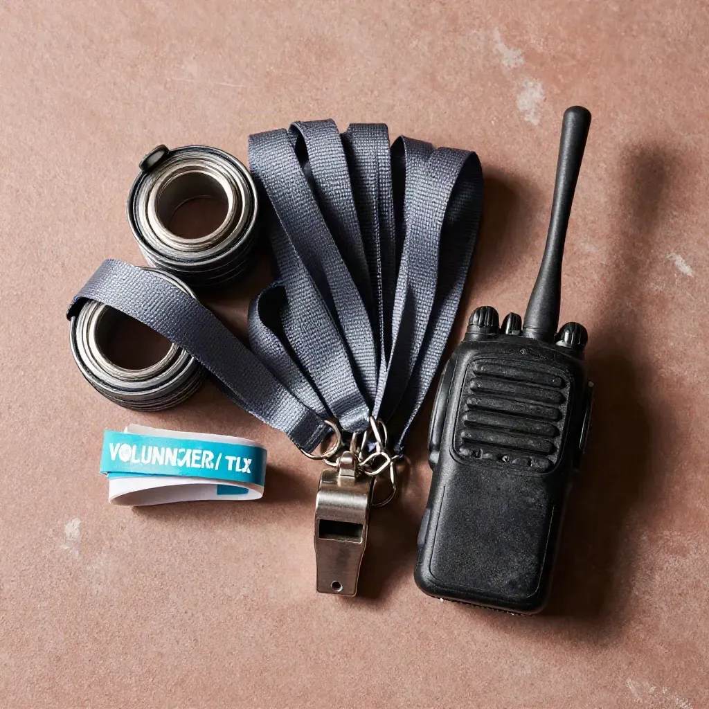 Top-down still life of lanyard reels, wristbands, whistle, and walkie-talkie on concrete.