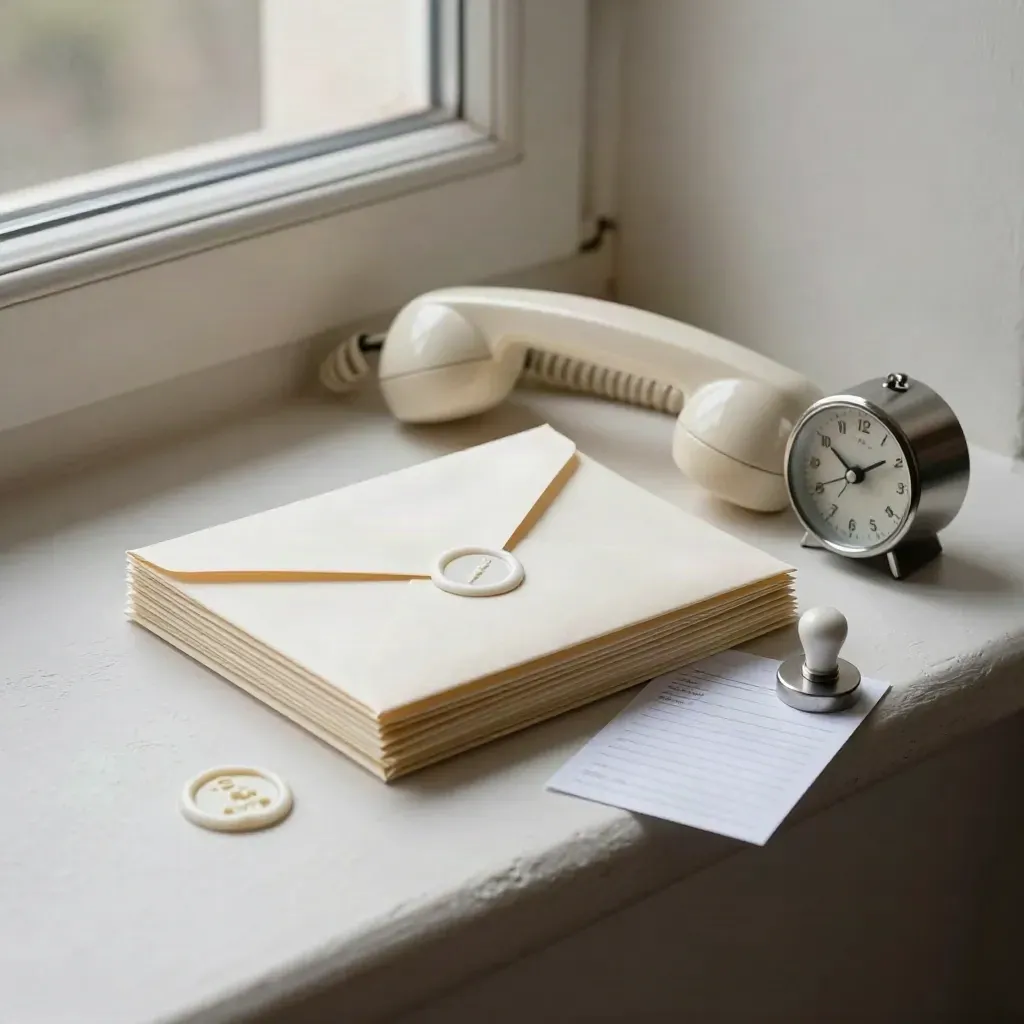 Overhead still life of envelopes, phone receiver, timer, and wax seal on a plaster ledge.