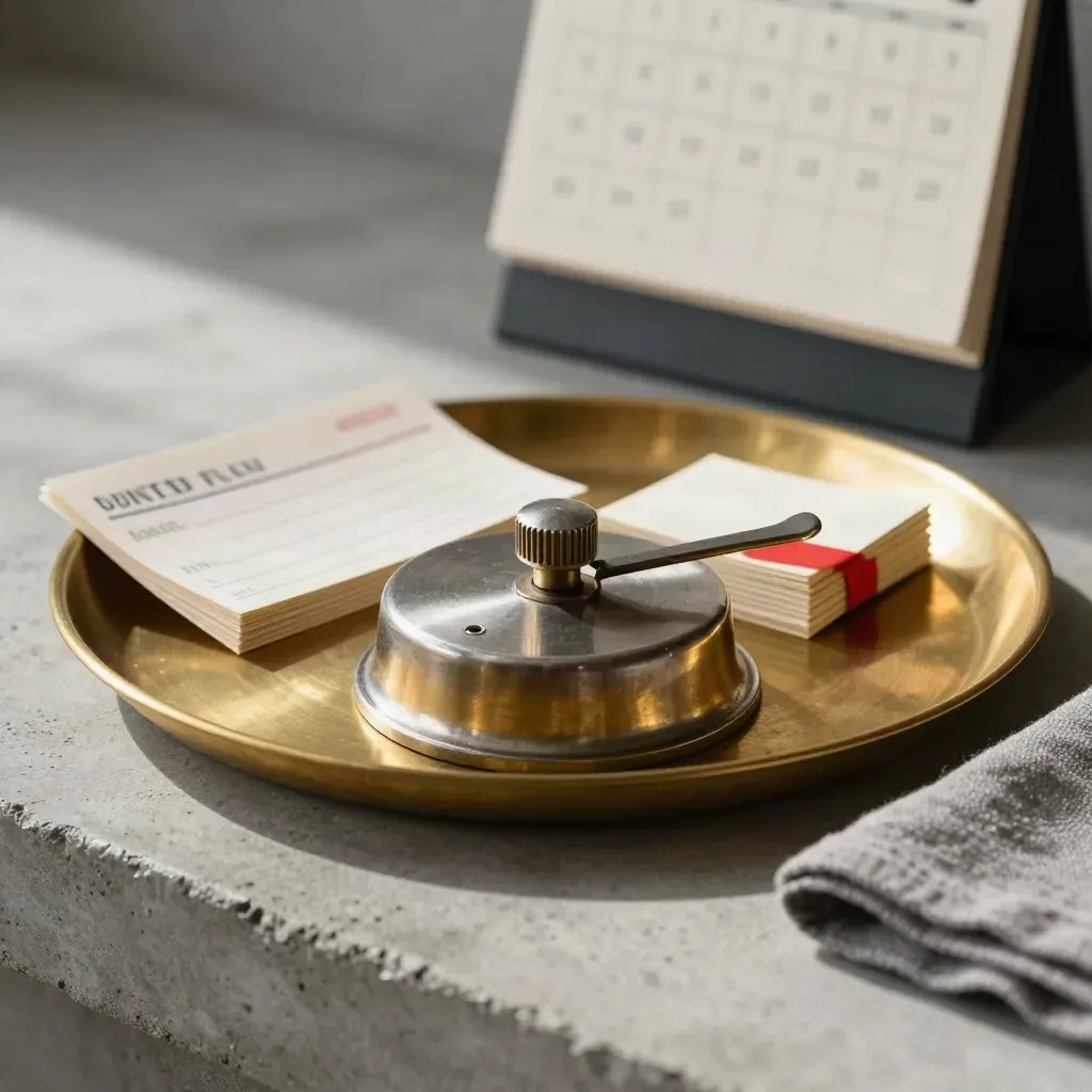 Brass results tray with tally counter, face-down reply cards, and a calendar block on concrete.