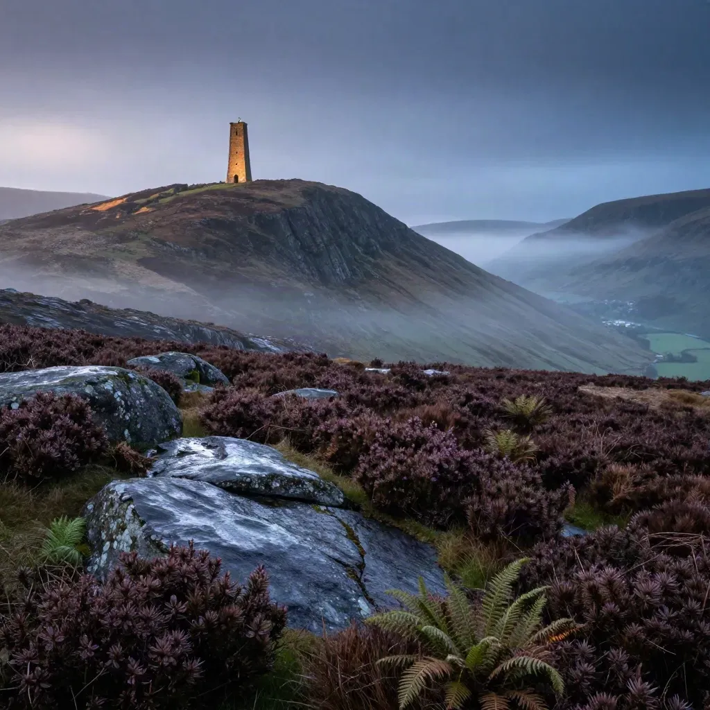 Mist-wrapped Wicklow Mountains with a granite tower above calm wet heath at blue hour.
