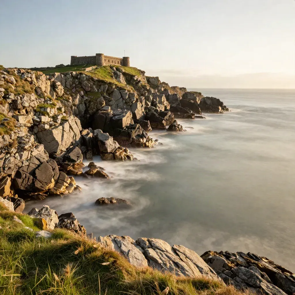 Golden Munster sea cliffs with a small stone fort and calm grass foreground at sunset.