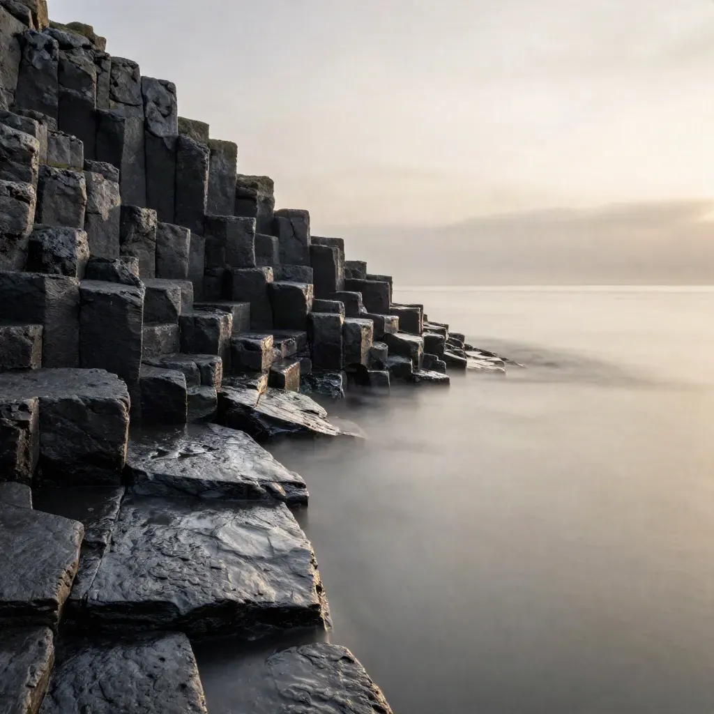 Basalt coast of Northern Ireland with dark strand, calm sea and sea mist at late afternoon.