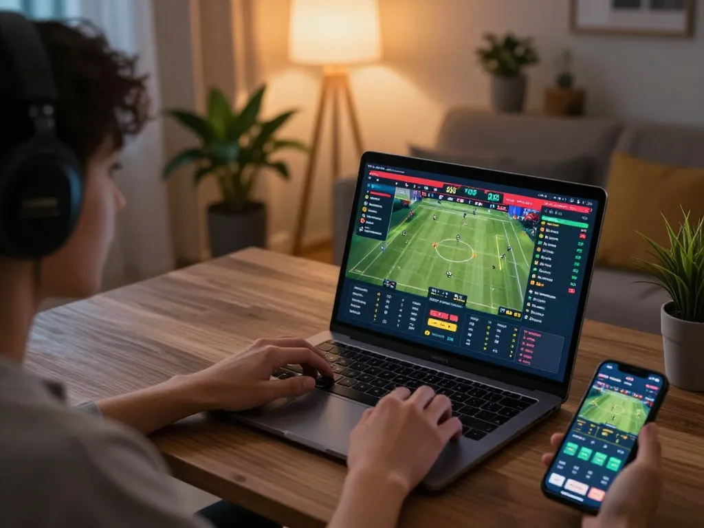 Gamblers placing bets and analyzing games with UFAKICK in their home setup, highlighting excitement and strategy