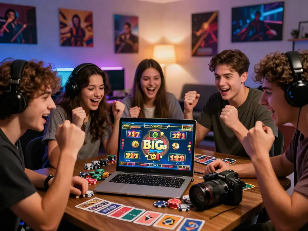 Excited friends playing slot777 online, surrounded by gaming chips and vibrant atmosphere.