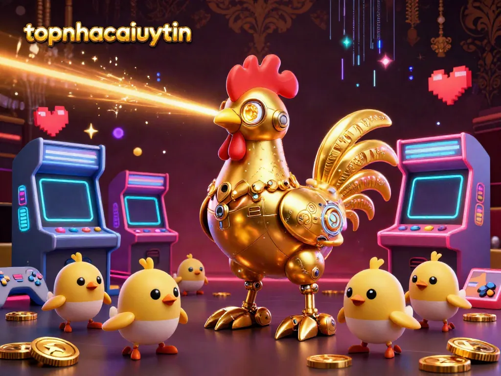 Experience the excitement of topnhacaiuytin with an ultra-detailed 3D golden rooster robot shooting lasers in a vibrant casino scene.