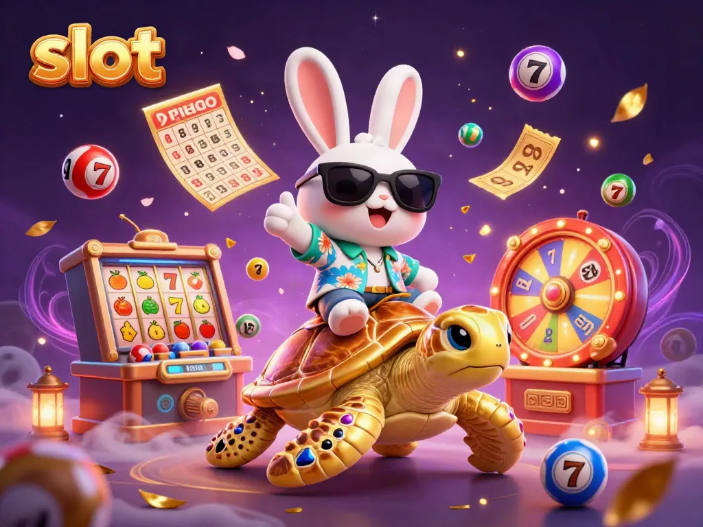 Win big with slot games featuring a lucky rabbit on a golden turtle amidst vibrant game elements.