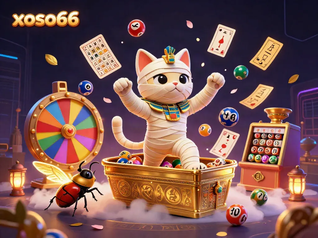 Experience thrilling gameplay with xoso66 as a mummy cat bursts from a sarcophagus in a vibrant casino.