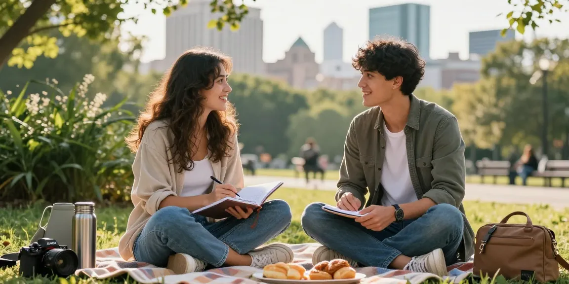Couple discussing their crush on someone in a sunny park.