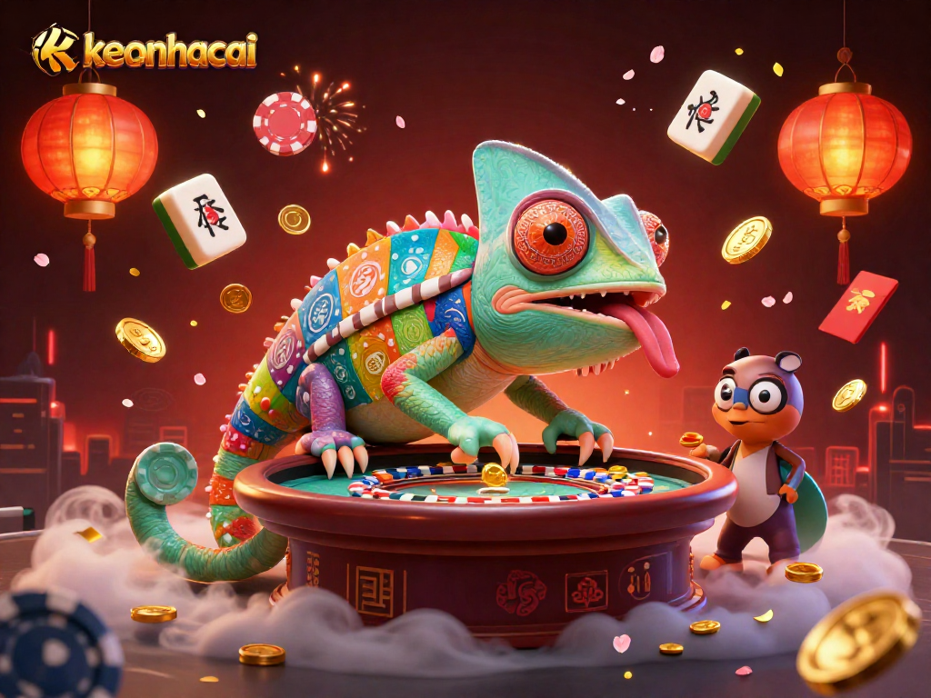 Engage with keonhacai’s vibrant casino scene, featuring a chameleon owner claiming golden coins.
