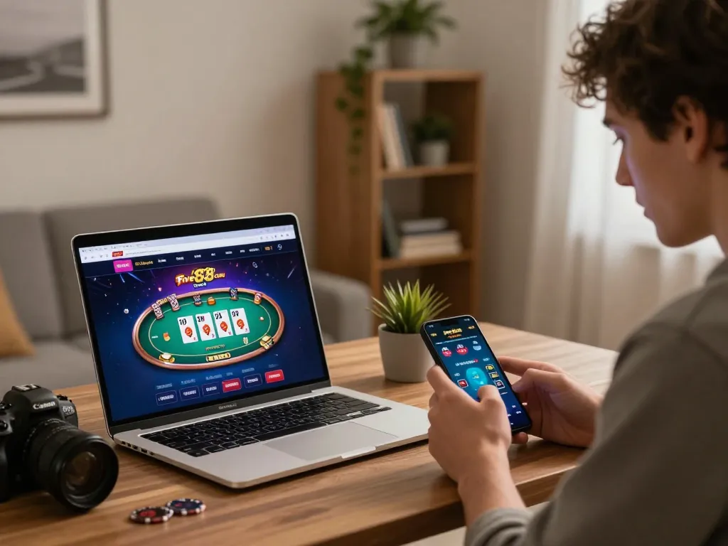 Engaging online gameplay on five88 com with laptop showcasing casino games and sports betting.