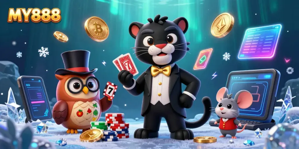 Experience MY888 with a stylish panther dealing cards among bitcoins and vivid lottery elements.
