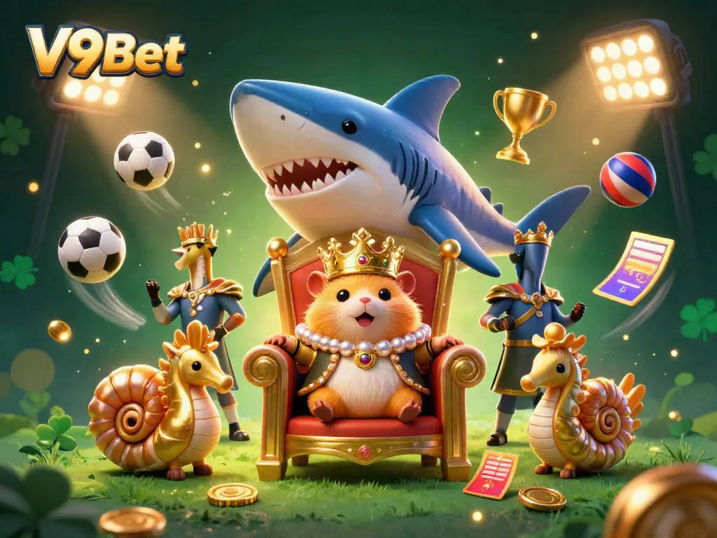 Engage with V9Bet's dynamic gaming world featuring a golden hamster king on a megalodon throne.