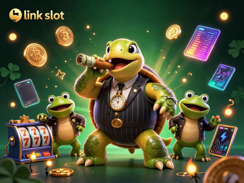 Experience the thrill of link slot games with a vibrant casino scene featuring a mobster turtle and bullfrog enforcers.