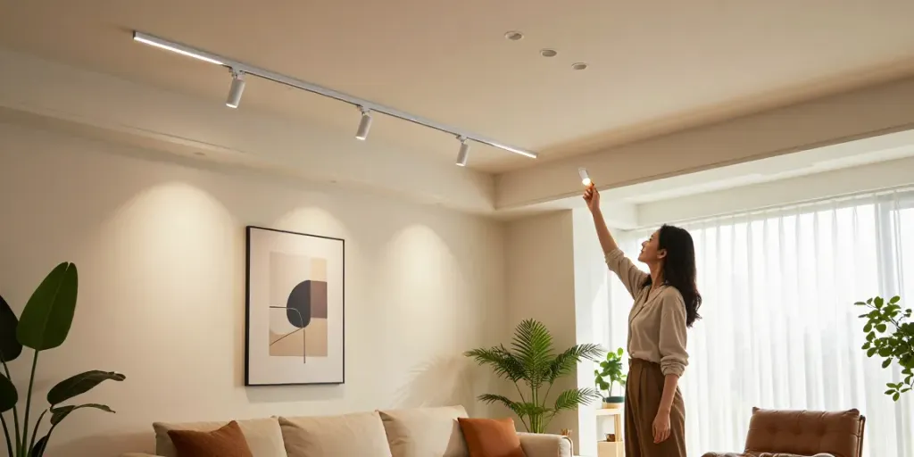 Iluminat cu sina magnetică în living modern, cu spoturi ajustabile și atmosferă elegantă.