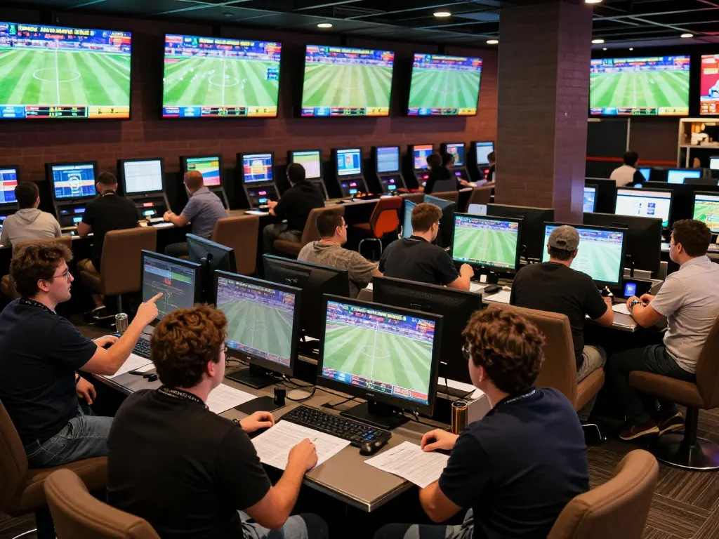 Sports bettors celebrating a win at du88 sportsbook with multiple screens showing live games and excitement