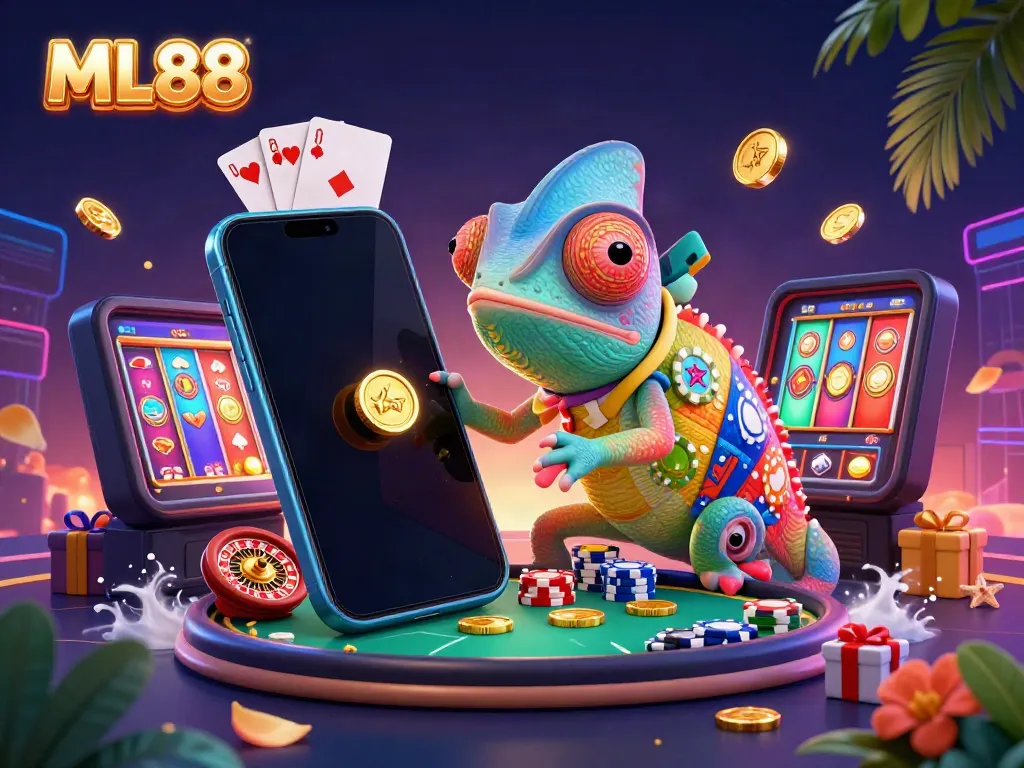 Engage with ML88's vibrant casino world featuring a colorful chameleon owner and dynamic gaming elements.