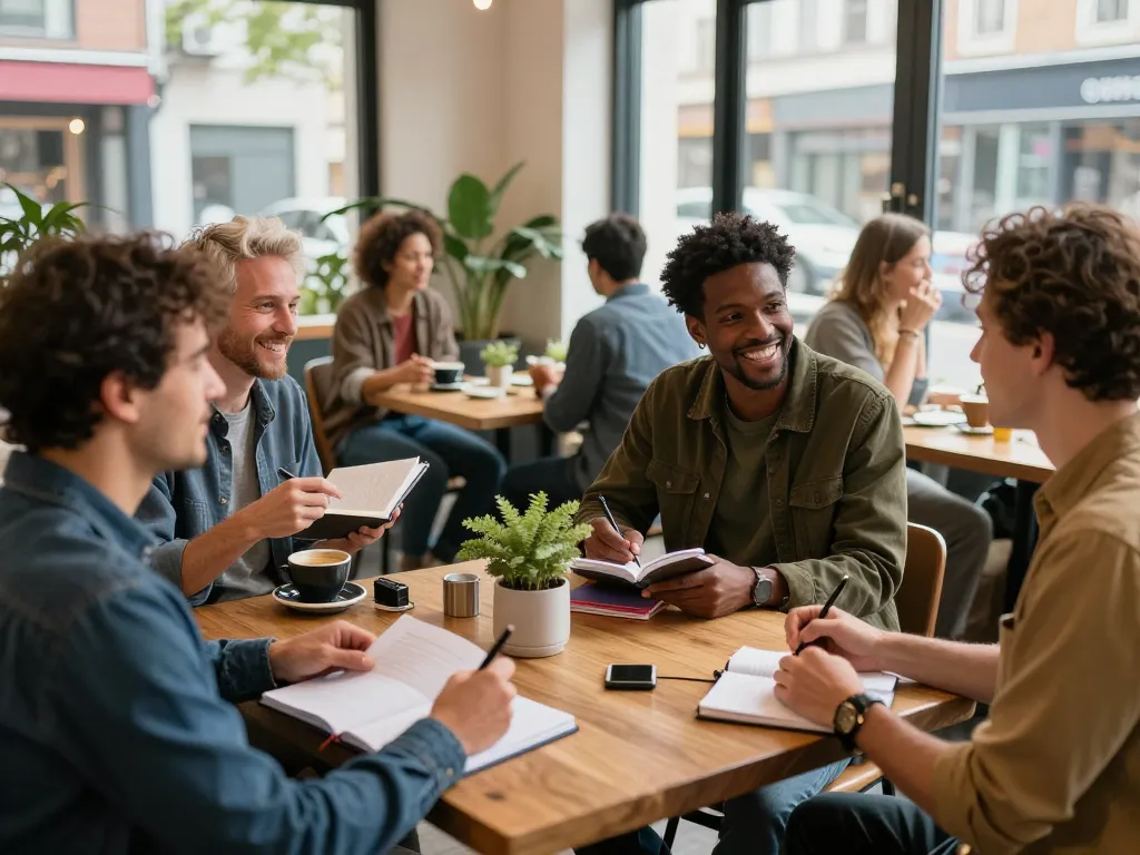 Men at a café engaged in conversation, fostering community spirit in a man club.