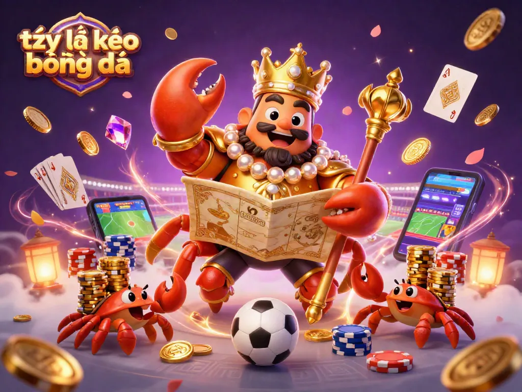Engage in tỷ lệ kèo bóng đá with the golden crab emperor and vibrant gambling elements highlighting sports betting.