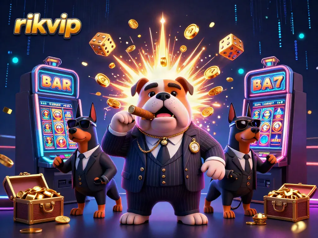 Experience the thrill of rikvip with a vibrant jackpot scene featuring a mafia bulldog and slick bodyguards.