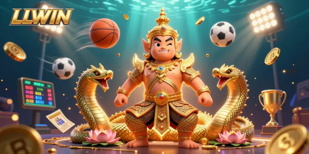 Experience the thrill of LLWIN in this vibrant 3D digital art of a guardian and sports elements in an underwater scene.