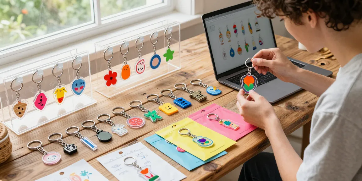 Explore vibrant custom keychains displayed creatively on a wooden table.