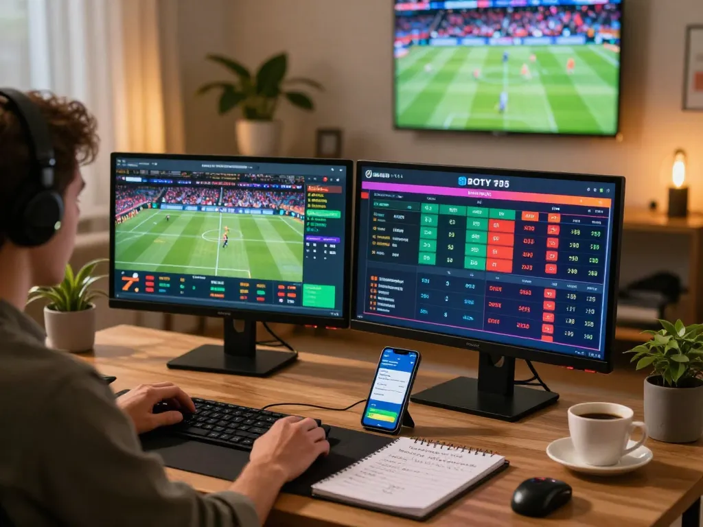 Dynamic online betting environment with a user engaged at a gaming desk, showcasing nhà cái uy tín and real-time sports betting excitement.