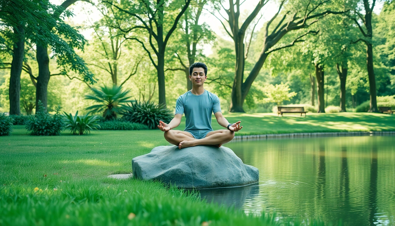 A person meditating in a tranquil park, promoting relaxation from stress and anxiety.