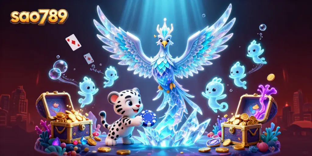 Experience the thrills of sao789 in a vibrant casino scene with an ice phoenix and playful elements.