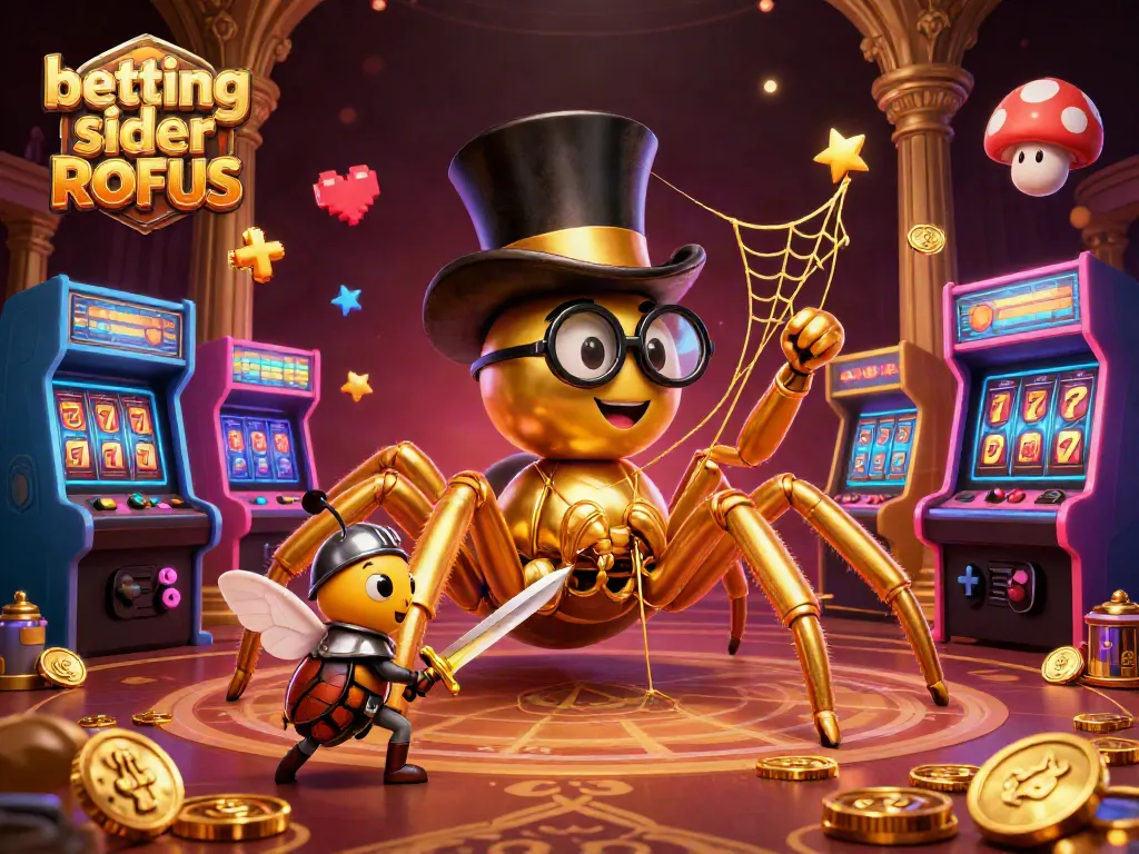 Engage in betting sider uden ROFUS with vibrant 3D illustration of a golden tarantula and beetle knight in a bustling casino