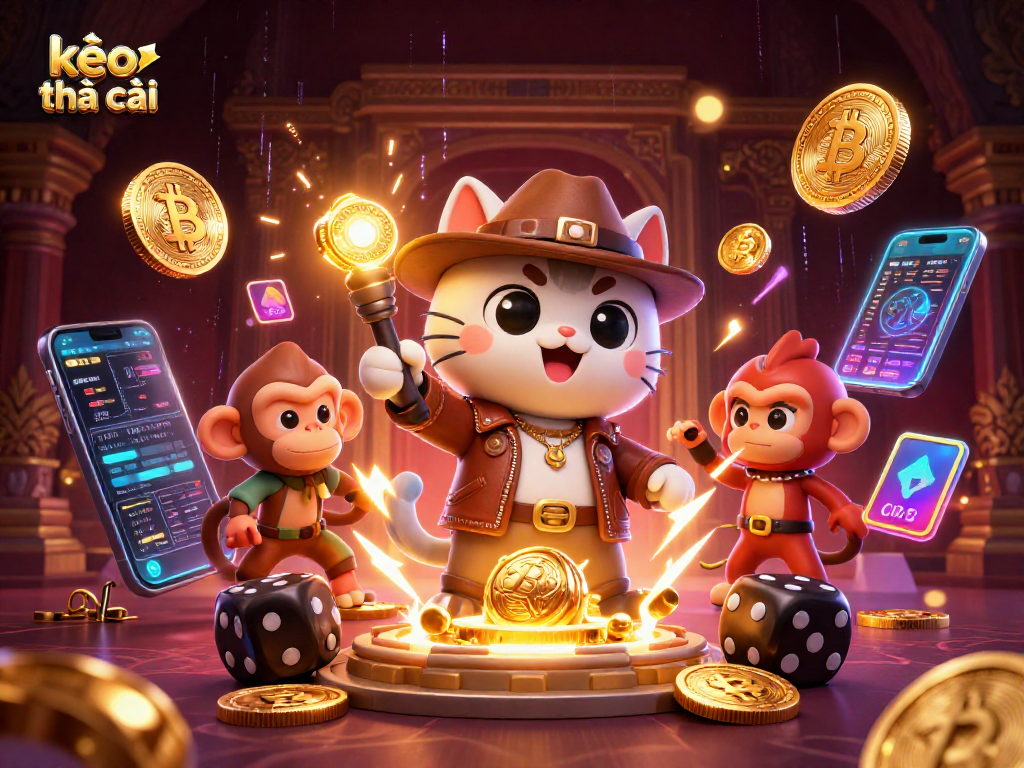 Discover kèo nhà cái in a vibrant scene with an archaeologist cat and glowing crypto elements.