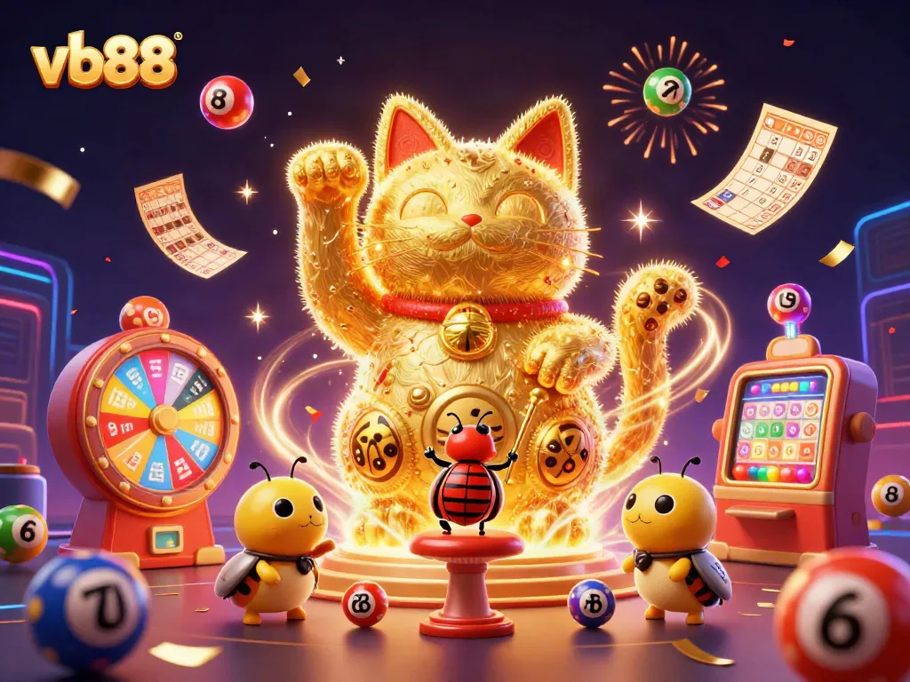 Experience excitement with vb88's lucky cat symbol surrounded by dynamic casino elements.