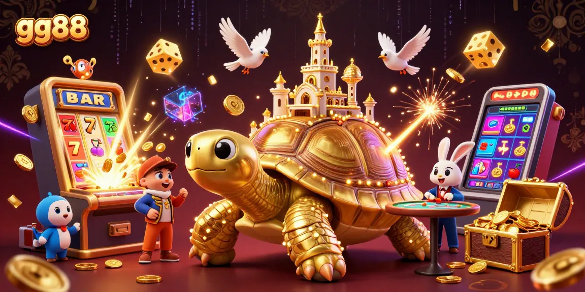 Engage in thrilling games with gg88, featuring a tortoise casino palace, rabbit dealer, and flying coins.