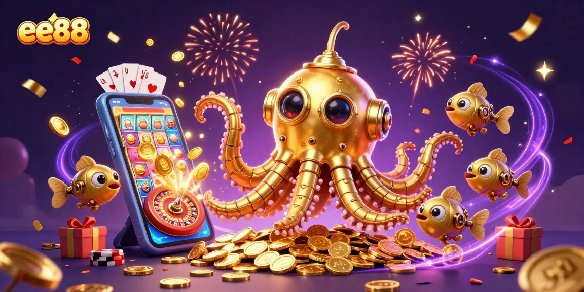 Win big with ee88's exciting casino games in a vibrant, colorful 3D illustration.