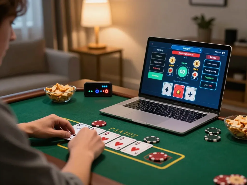 VA88 player engaged in blackjack game on laptop, focused on gaming strategy in cozy home setting