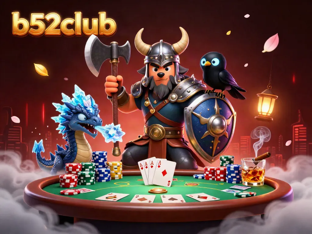 Experience thrilling stakes with b52club in this vibrant 3D illustration showcasing a fierce Viking wolf warrior and a small dragon.