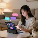 Engaging conversation with girlfriend AI on a tablet in a cozy living room.