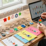 Explore vibrant custom keychains displayed creatively on a wooden table.