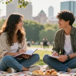 Couple discussing their crush on someone in a sunny park.