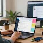 Engaging with the Telegram Web Version in a vibrant co-working space showcasing technology and creativity.